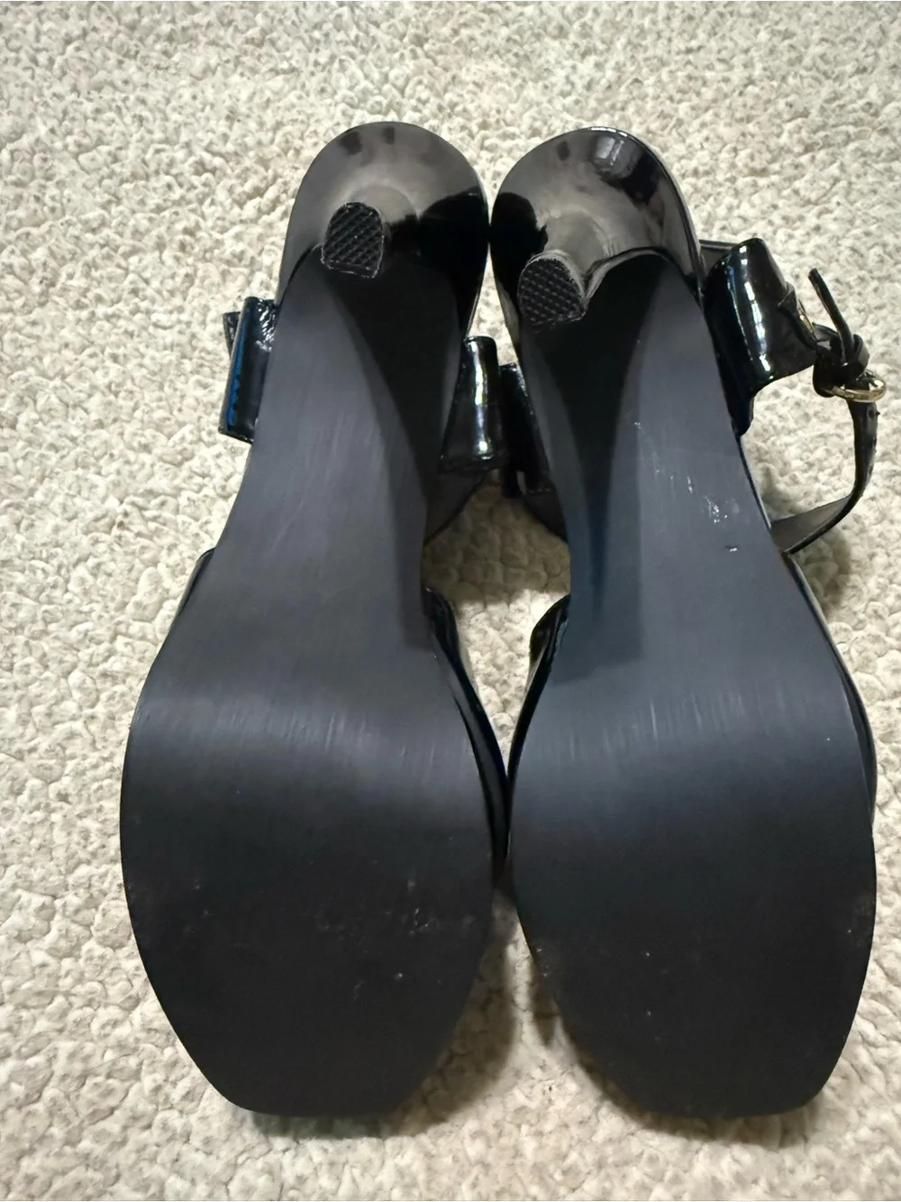 Steve Madden Black Patent Platform Slingback Sandals with Gold Accents